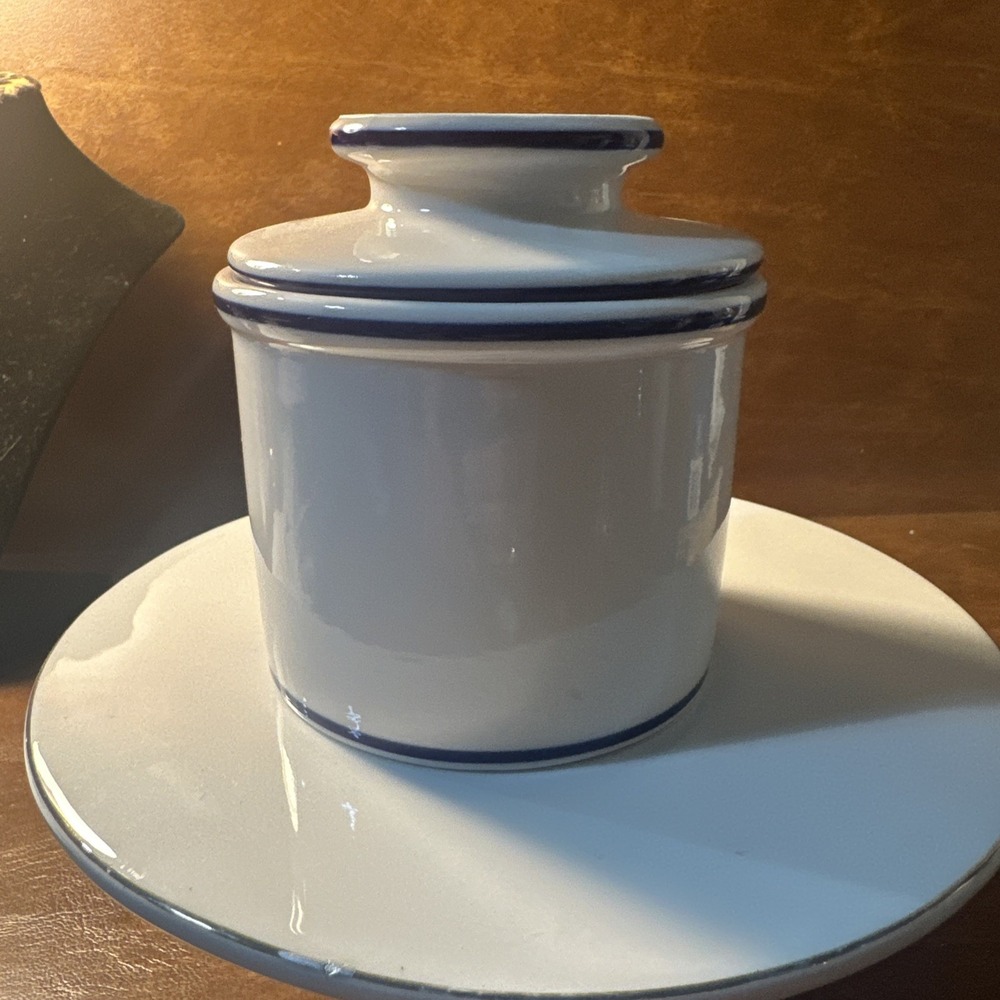 Butter Bell Crock L Tremain White With Blue Ceramic Butter Keeper